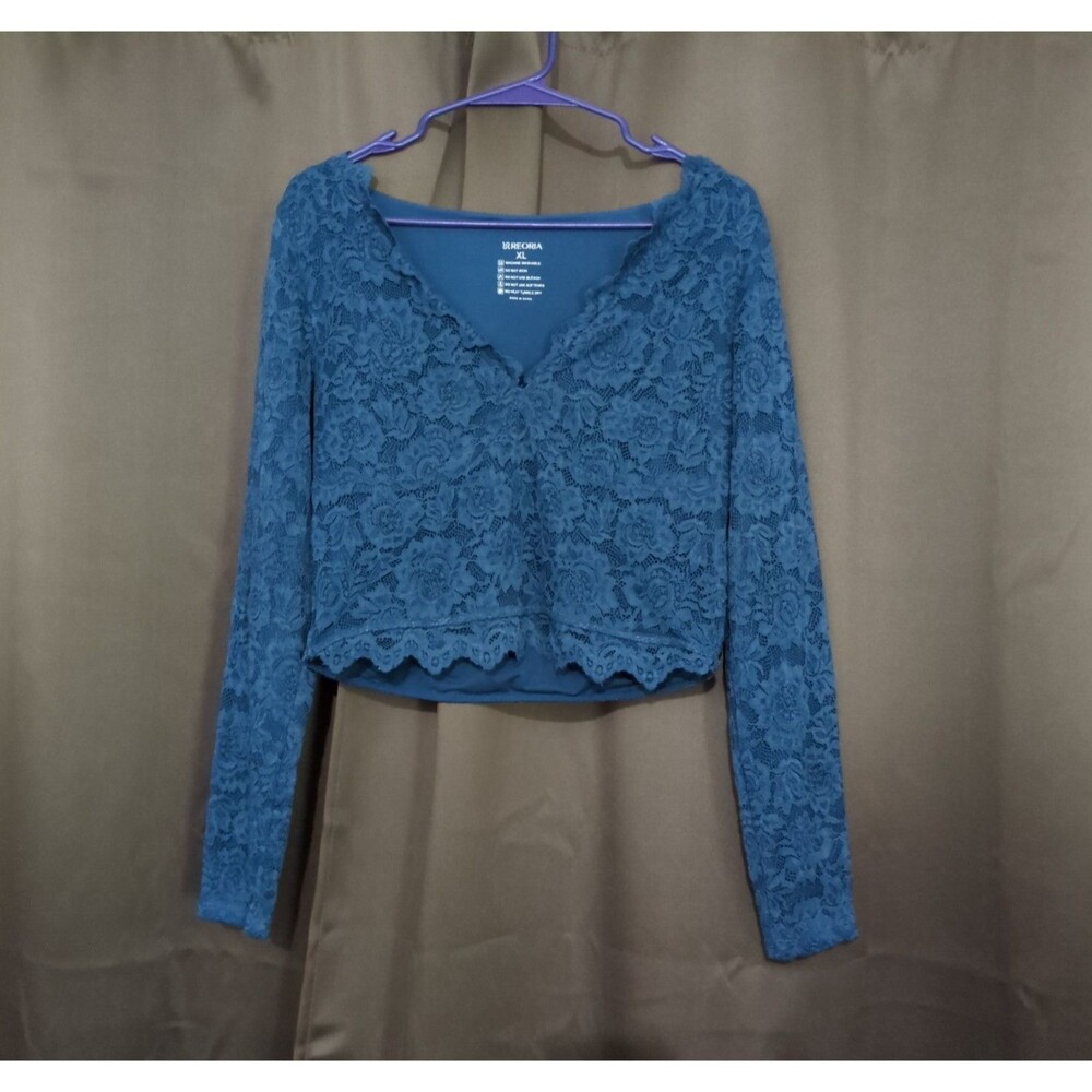 REORIA Lace Crochet Floral Crop Top Blue Long Sleeve V-Neck Women's XL Preppy